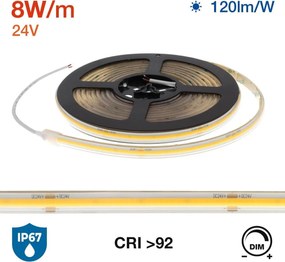 Striscia LED COB 8W/m 24VDC IP67 5m Professional Colore Bianco Freddo 5.700K