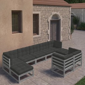 Set divani da giardino 9 pz con cuscini grigio massello di pino