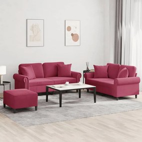 Set Di Divani 3 Pz Con Cuscini Rosso Vino İn Velluto /