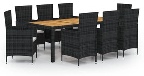 Set mobili da giardino 9 pz con cuscini in polyrattan nero