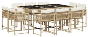 Set da pranzo da giardino 11 pz con cuscini beige in polyrattan