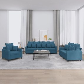 Set Di Divani 3 Pz Con Cuscini Blu İn Velluto /