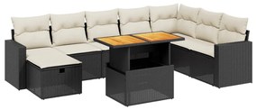 Set divani da giardino 9 pz con cuscini nero in polyrattan