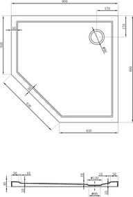 Mexen Flow piatto doccia pentagonale slim 90 x 90 cm, nero opaco - 46P709090