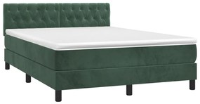 Letto a molle con materasso e led verde scuro 140x190cm velluto