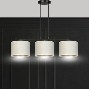 Lampadario 3 Luci Ganesha In Acciaio Nero E Paralumi In Tessuto Beige