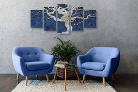 Quadri 5 pezzi – Albero astratto su legno con contrasto blu