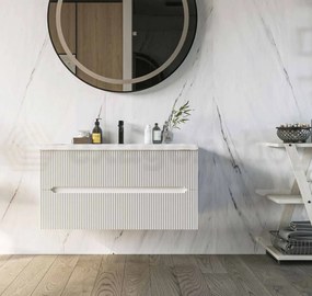 Mobile bagno bianco opaco 120x46 cannettato Urbino due cassetti con lavabo in ceramica frontale