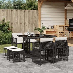 Set da pranzo da giardino 9 pz con cuscini nero in polyrattan