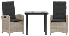Set pranzo da giardino 3pz con cuscini grigio chiaro polyrattan