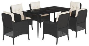 Set da pranzo da giardino 7 pz nero con cuscini in polyrattan
