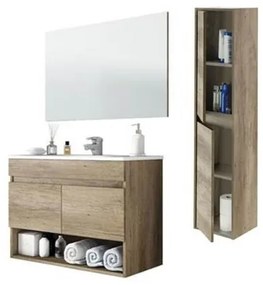 Mobile bagno sospeso 80 cm con colonna, lavabo e specchio rovere - Dakota 96250