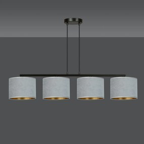 Lampadario 4 Luci Hilde In Acciaio Nero E Paralumi In Tessuto Grigio