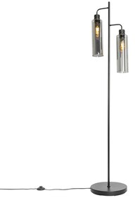 Lampada da terra moderna nera con vetro fumé 2 luci - Stavelot
