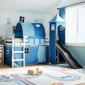 Letto A Soppalco Con Torre Bambini Blu 90x200cm Massello Pino /