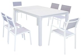 DEXTER - set tavolo in alluminio cm 160/240 x 90 x 75 h con 4 sedie e 2 poltrone Aulus