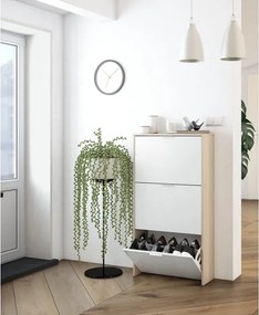 Scarpiera 3 Ante Doppio Scomparto 60x22x113 Cm Salvaspazio 18 Paia Bianco Lucido Rovere