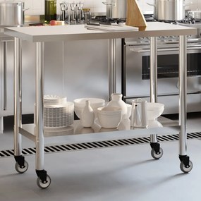 Tavolo Da Lavoro Cucina Con Ruote 110x55x85 Cm İn Acciaio Inox /