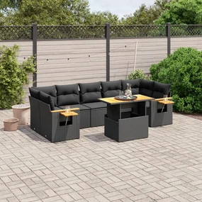 Set divani da giardino con cuscini 8 pz nero in polyrattan