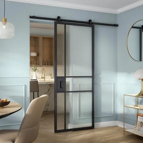 Porta scorrevole reversibile Tamara in alluminio nero e trasparente, L 86 x H 215 cm, con binario Loft