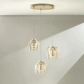 Lampada a sospensione 35 cm in metallo Oro e vetri Ambra 3 Luci a Led PINTA