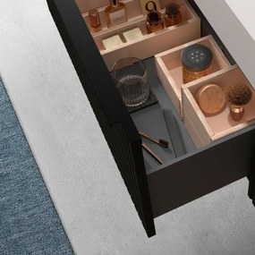 Mobile bagno sospeso 70 cm nero opaco cannettato con cassetto, specchio e lavabo Nara