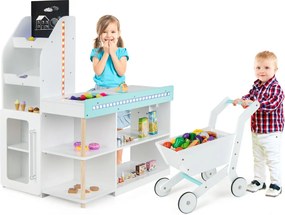 Costway Set da supermercato in legno per bambini, Gioco di finta spesa con registratore di cassa carrello della spesa Bianco
