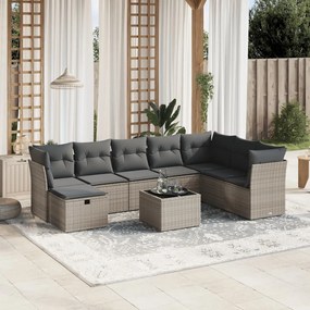 Set divano da giardino 9 pz con cuscini grigio in polyrattan