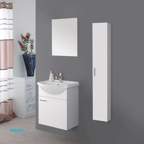 Mobile Bagno Sospeso "Stella" Da 55 cm Con Un'Anta Lavabo E Specchio Finitura Bianco Lucido