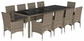 Set da pranzo da giardino 11pz con cuscini polyrattan e vetro