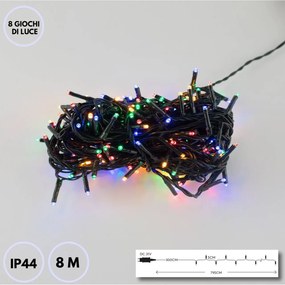 Catenaria Natalizia LED 8 GIOCHI DI LUCE 8m Cavo VERDE IP44 MULTICOLOR Colore Multicolor