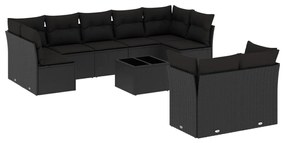 Set divani da giardino 10pz con cuscini in polyrattan nero