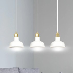 Lampadario Industrial 3 Luci Ibor In Acciaio Bianco Con Elementi In Oro