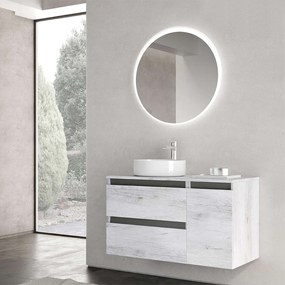 Mobile Bagno Sospeso 90 Cm Due Cassetti Un'Anta Specchio Con Illuminazione Led Savini "Cube 2"