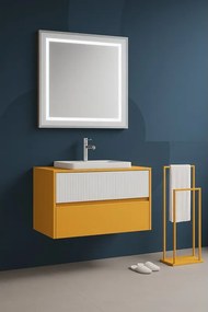 Mobile da bagno sospeso sotto lavabo Niwa 2 cassetti L 89.5 x H 50 x P 45.5 cm senape e bianco cannettato