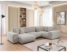 Divano angolare grigio chiaro (con penisola a destra/a U) rivestito in velluto a coste Justin – Ropez