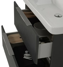 Mobile bagno sospeso 80cm antracite cannettato con cassetti, specchio e lavabo Mia