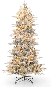 Costway Albero di Natale innevato con 210 luci 715 punte miste 36 pigne naturali, Albero di Natale slim da 180cm