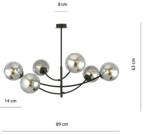 Sospenione Moderna 6 Luci Hunter In Acciaio Nero Bracci Regolabili E Vetro Fumè