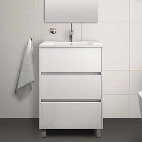 Mobile bagno a terra 60 cm bianco lucido con 3 cassettoni lavabo e specchio Saxsi