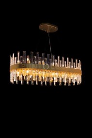 Lampadario rotondo zenna, oro satinato, cristallo trasparente, 28 l...