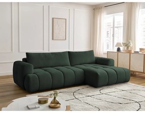 Divano angolare verde allungabile e con contenitore (penisola a destra/chaise lounge) con rivestimento in ciniglia Fuji – Bobochic Paris