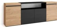 Credenza, Mobile soggiorno 200x75x35cm, 4 Porte, grande stoccaggio, Stile moderno, Rovere e nero