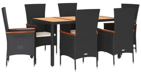 Set da pranzo da giardino 7 pz nero con cuscini in polyrattan