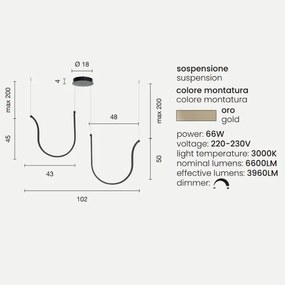 Lampada a sospensione ARQUA 2 Luci LED in metallo verniciato 102 cm ORO