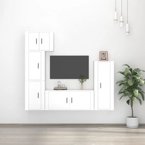 Set Di Mobili Porta Tv 5 Pz Bianco Lucido İn Legno Multistrato /