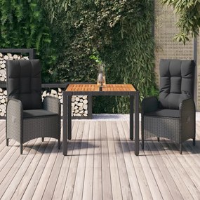 Set Da Pranzo Da Giardino 3 Pz Con Cuscini Nero İn Polyrattan /