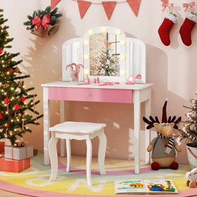 Costway Set tavolo trucco bambini 2 in 1 principessa specchio 3 pieghe luci led, Set sgabello legno bambine 3+ anni gioco creativo regalo 2 Colori