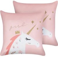 Set di 2 cuscini per bambini in tessuto di velluto rosa 45 x 45 cm Motivo unicorno sfoderabile Soggiorno Camera da letto