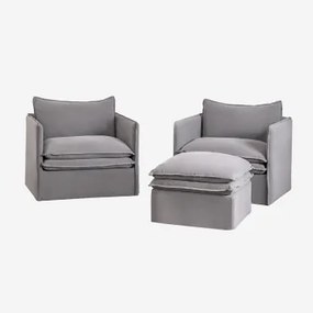 Set Lounge Grace In Lino E Cotone Con 2 Poltrone E Puff Tessuto Grigio Scuro - Sklum